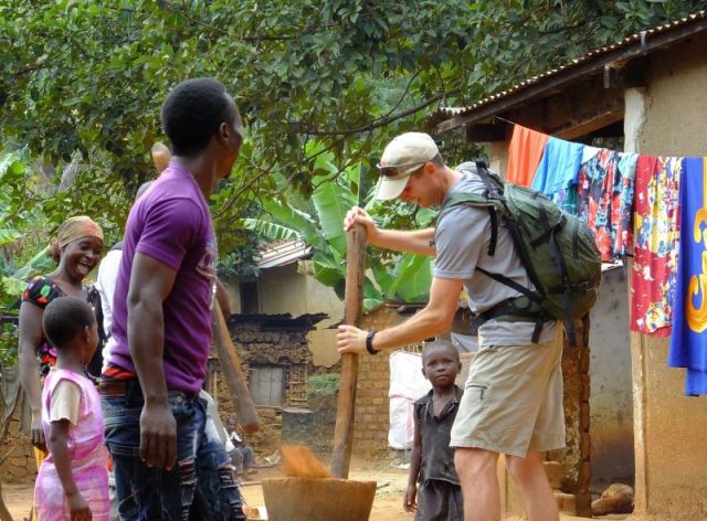 Notice the woman laughing at Brian's messy effort