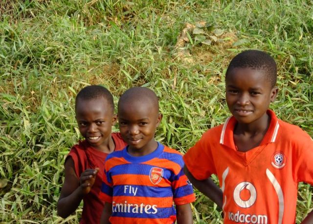 We stopped to take a far away photo of Sanje Falls along the road and I found these curious  boys a better subject.