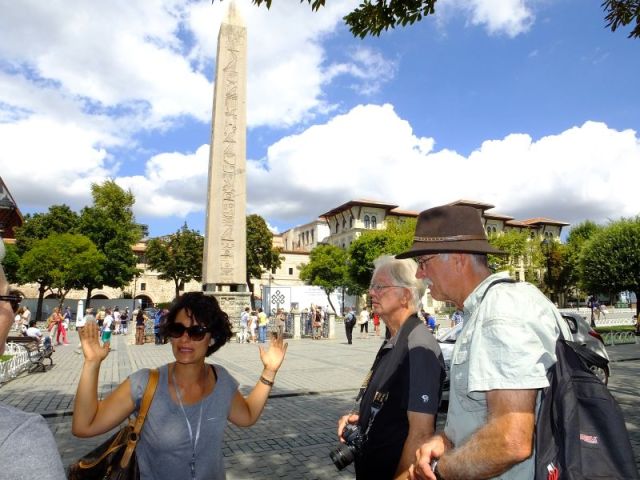 Oz our guide, talking with enthusiasm about the area of the Byzantine Hippodrome. Egyptian Obelisk in the background