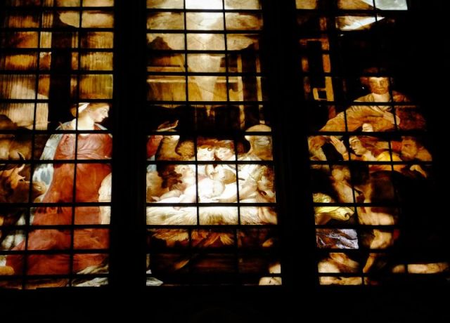 One of the biblical scenes painted on glass in the church we toured with Ian