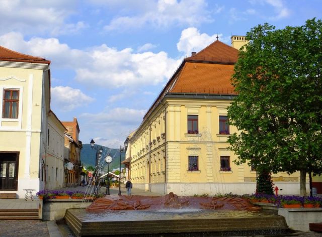Baia Mare and the water fountain in the city square
