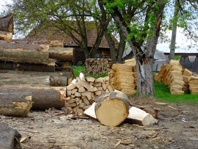 Logs, chunks of lumber waiting to be sawed into lumber, and the final product, shingles are shown in this photo