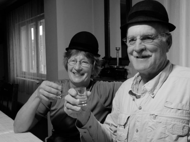 Paul and I hoisting our glasses of "medicinal" horinca