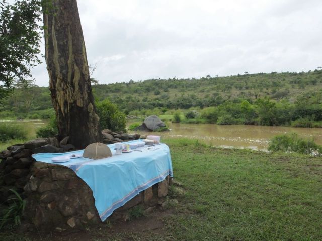 Another stone table with breakfast fare
