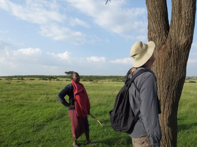 Paul looking up at where an elephant has left a gouge mark with its tusk in the tree