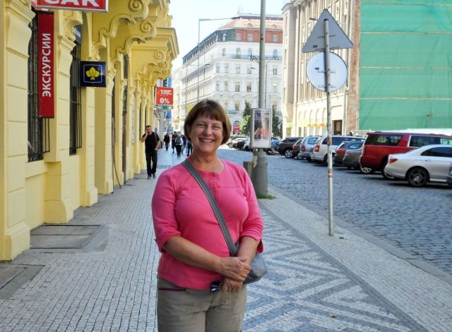 Jennifer looking quite happy in Prague