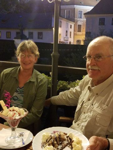 Enjoying the dessert Jennifer bought for our 40th