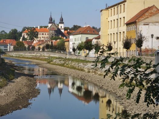 Crossing a bridge in Trebic. The river was really low.