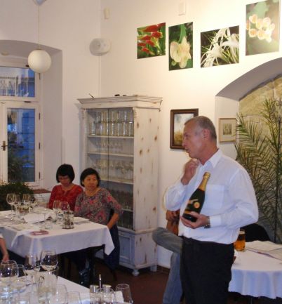 Pavel presenting the wine we will drink with our meal. Pavel really was a showman, making everything entertaining