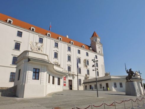 The front of Bratislava Castle. You can see the tape across the entrance to keep people out.